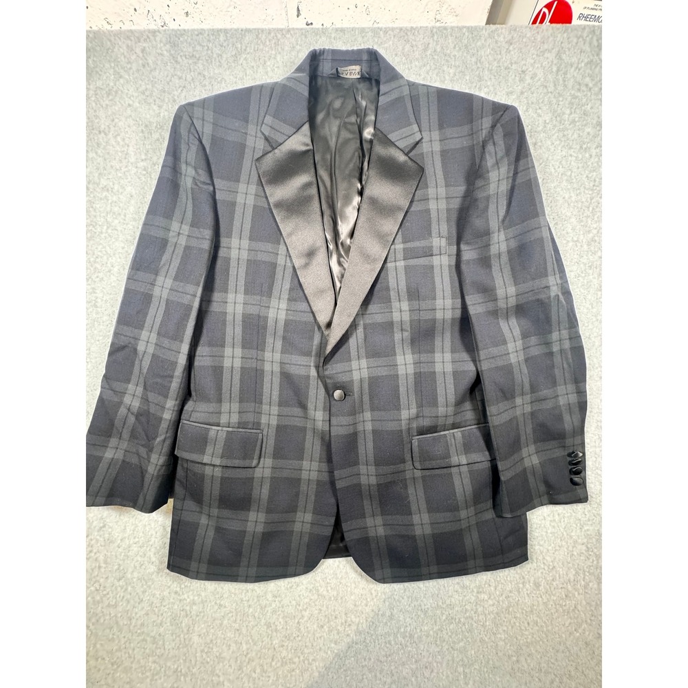 Jos A Bank Mens Plaid Tuxedo Jacket Black Satin Lapel Formal Blazer Wool‎ Blend